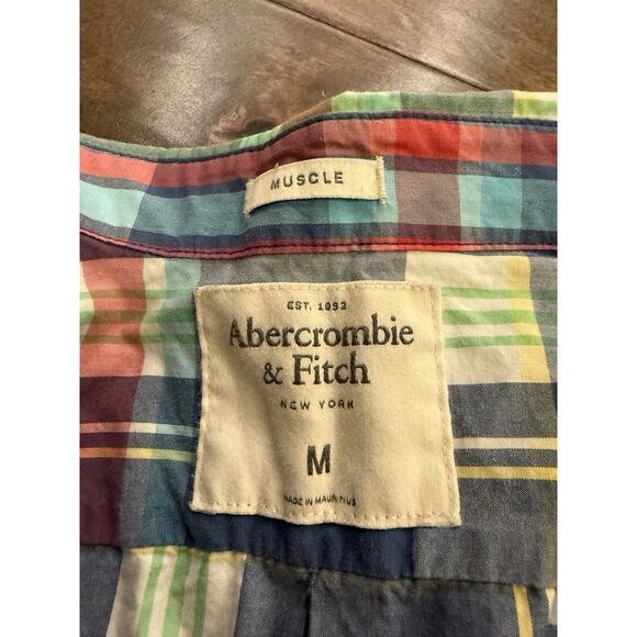 Abercrombie Fitch Muscle Mens Blue Red Plaid Button Up Long Sleeve Shirt Size M - Picture 6 of 9